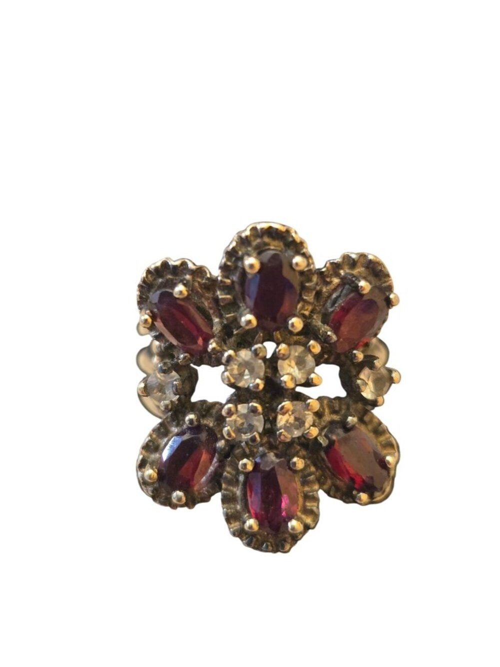 Vintage Sterling Silver Garnet & Clear Stone Flower Cluster Ring Size 5.5 - Picture 10 of 10